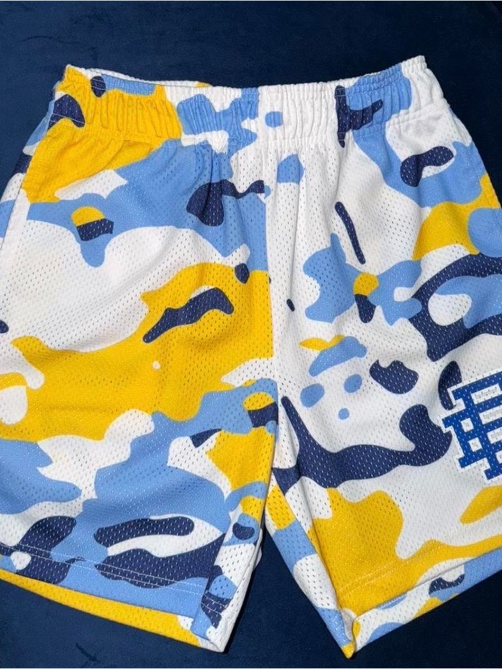 Eric Emanuel Camo Mesh Shorts - Blue, Yellow & White